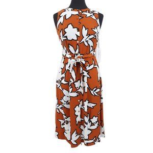 NWT Brown White Autumn Floral Stretchy Tie Waist Shirt Dress XS